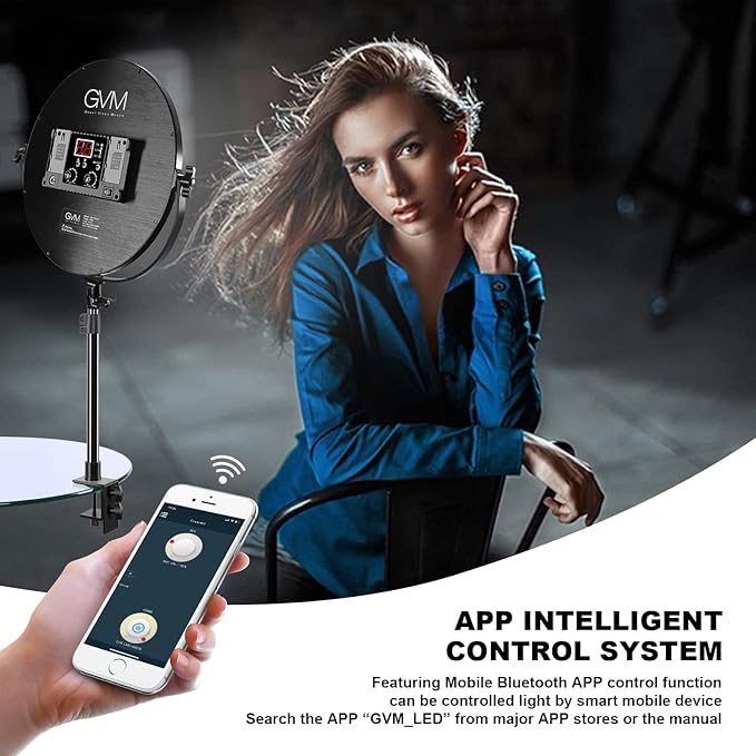GVM Key Light, 14" LED Video Light with APP Control, Bi-Color Round Lighting, Ultra Thin 60W 3200-5600K Dimmable LED Soft Light with Table Stand for Gaming Studio YouTube Wedding Live Streaming