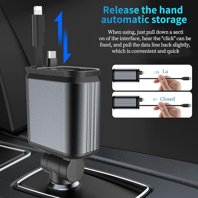 Upgraded Starlight Retractable Car Charger Adapter,4 in 1 Fast Charging Car Phone Charger,69W USB C Car Truck Accessories,Road Trip Essentials Gift for Men Women for iPhone 16/15/14/13/12,Galaxy,Pixel