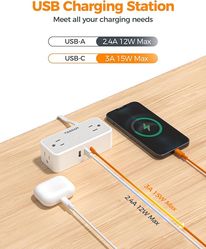 Flat Plug Extension Cord 25 ft, TESSAN Surge Protector Power Strip with 4 AC Outlets 1 USB C and 2 USB A Ports, 900 Joules Protection, Multiple Wall Outlet Extender for Home Office Dorm Essentials
