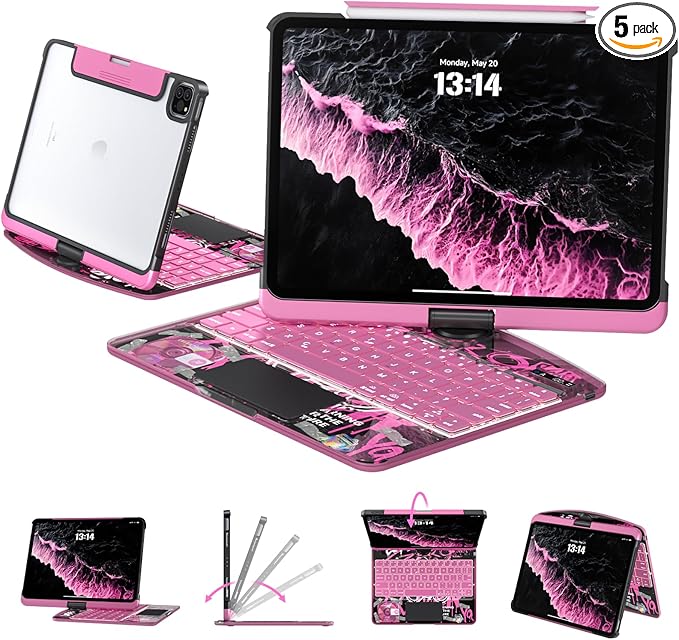 Transparent Case with Keyboard for iPad 9th (7th, 8th, and 9th Gen) 10.2 Inch,with 7-Color Backlit Wireless Keyboard,360°Rotatable Protective Case Multi-Touch Trackpad,with Pencil Holder,Pink