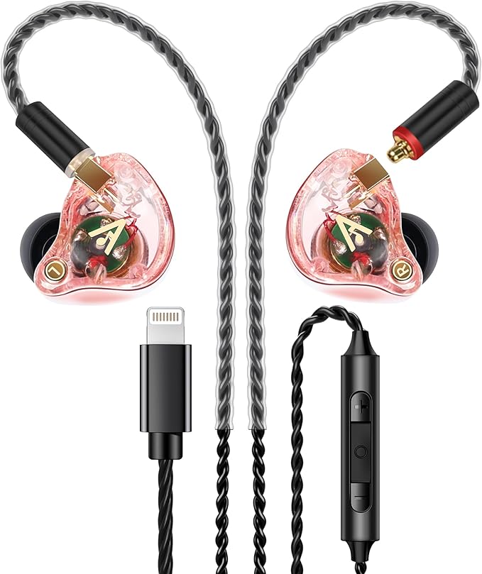 Vibes 202ML Wired Earbuds - HiFi in Ear Headphones - Noise-Isolating Ear Buds w/ Mic - Clear Sound, Deep Bass, Comfort-Fit Earphones - MMCX–Lightning for iPhone 5–14, Silver Plated Cord, Carrying Case