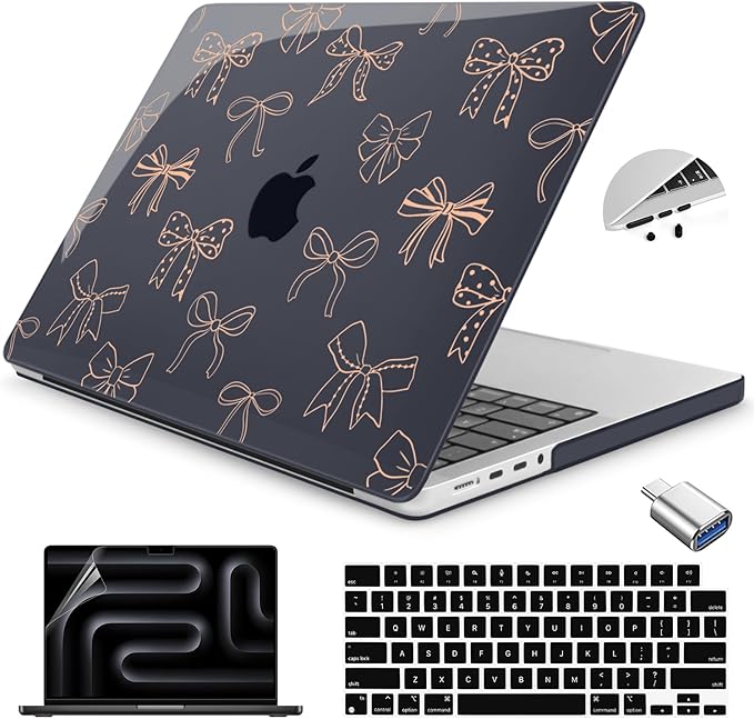 Teryeefi for MacBook Pro 14 inch Case M4 M3 M2 M1 Chip (2025 2024 2023 2021 Release) Model A3112 A3401 A3185 A2918 A2992 A2779 A2442, PC Hard Shell+Keyboard Cover+Type C Adapter, Gold Bows A003