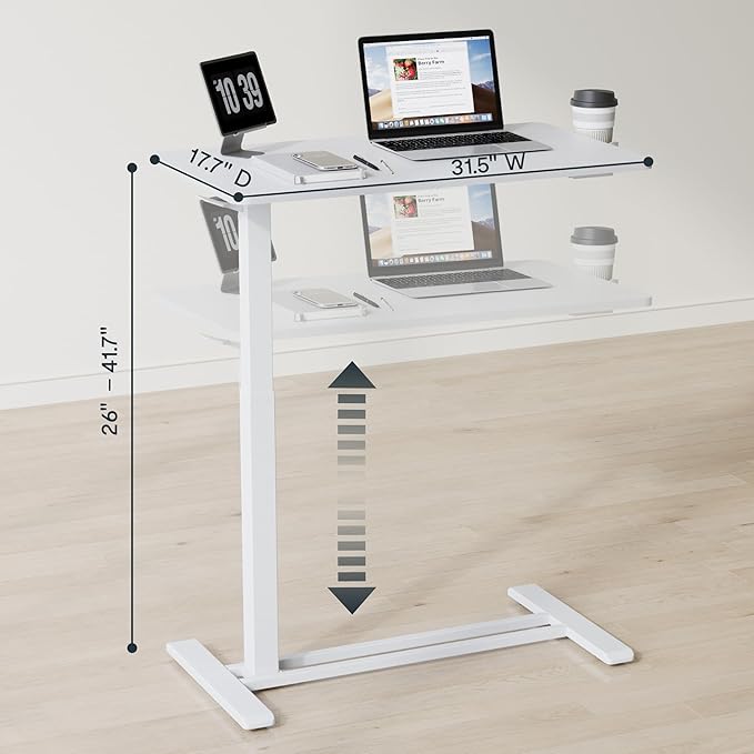 FLEXISPOT H7 Adjustable Overbed Bedside Table with Wheels Pneumatic Mobile Standing Laptop Desk Rolling Computer Cart Movable Overbed Table Hospital Home Use (31.5" W x 17.7" D, White Large)