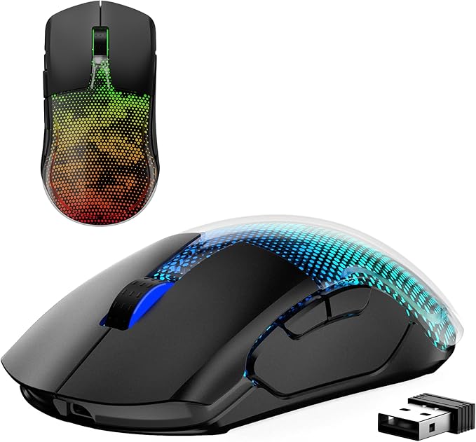 FFJ Master02 Wireless Gaming Mouse, 12000 DPI, Tri-Mode 2.4G/USB-C/Bluetooth 5.3 Gaming Mouse, Large RGB Backlit, 6 Programmable Buttons, 75Hr Battery Life for PC, Mac, Laptop, PS5, Xbox - Black