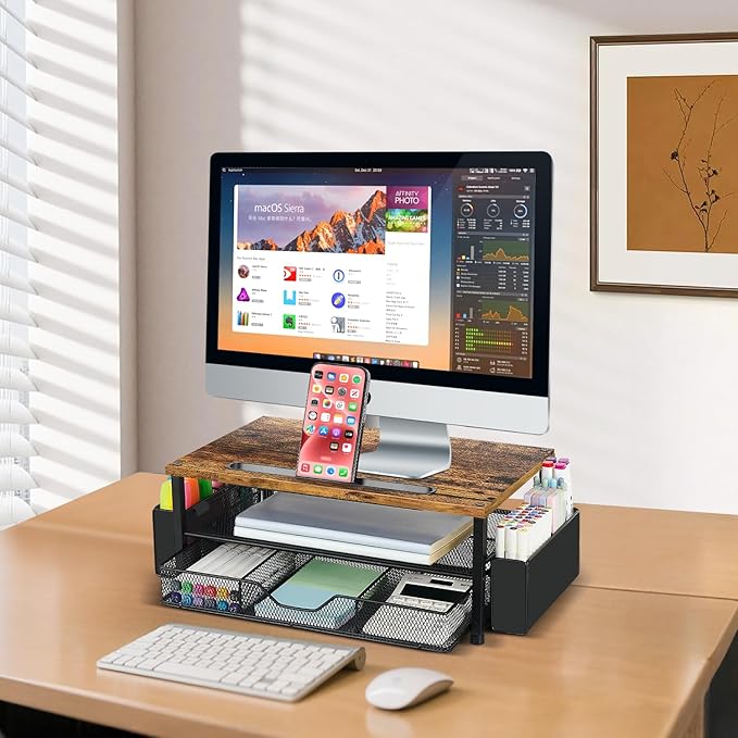 Wood Desk Organizers and Accessories, 2-Tier Computer Monitor Stand Riser with Drawer, Pen Storage & Phone Holder, Office Desk Accessories, Workspace Desktop Organization for Office Supplies（Brown）