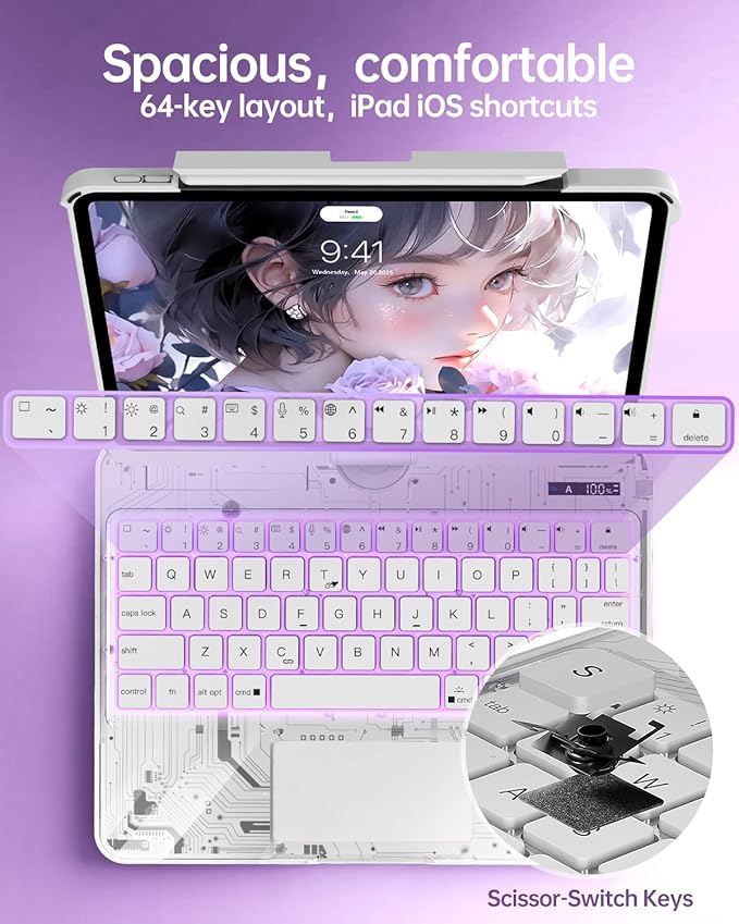 Intermerge Clear Keyboard Case for iPad Pro 13" (M4) 2024 Only, 360° Swivel Multi-Touch Trackpad, 7-Color RGB Backlit, Pencil Holder, Type-C, Power Indicator, Frost Pulse
