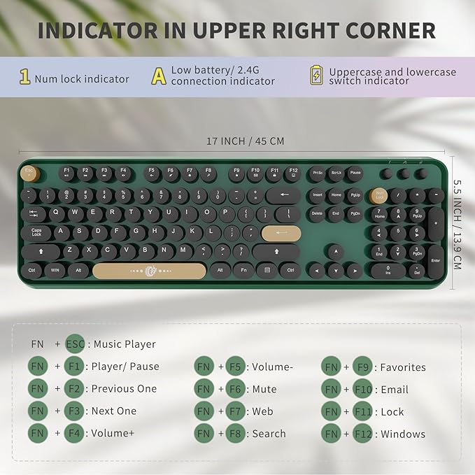 Wireless Keyboard and Mouse Combo, 104 Round Keys Cute Colorful Keyboard and Mouse with Retro Typewriter for PC/Mac/Laptop/Tablet/Computer/Windows Green