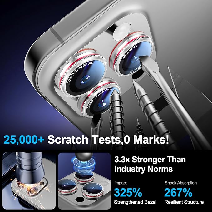 X-it 2 Pack Camera Lens Protector, Shatterproof Anti-Scratch Ultra HD Camera Protector, Anti-Glare Tempered Glass Lens Protector for iPhone 15 Pro Max/15 Pro/14 Pro Max/14 Pro, Case Friendly,SilverRed