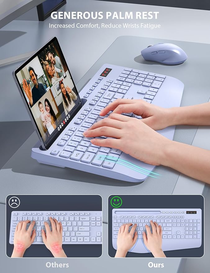 Wireless Keyboard and Mouse Combo - Full-Sized Ergonomic Keyboard with Wrist Rest, Phone Holder, Sleep Mode, Silent 2.4GHz Cordless Keyboard Mouse Combo for Laptop, Computer, PC, Mac, Windows -Trueque