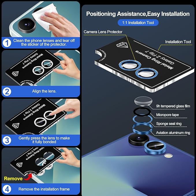 for Samsung Galaxy Z Flip 7 Camera Lens Protector, Individual Metal Ring Tempered Glass Lens Cover, [Strong Adsorption] Scratch Resistant Ultra-Thin HD Clear Lens Cover, 1 Set-Blue Shadow