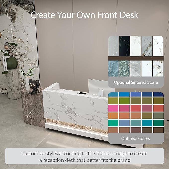 Front Desk Reception Counter - Lockable Storage & Keyboard Tray | Reception Desk with Counter, Customizable Large Counter Table (Black+White, 96'')