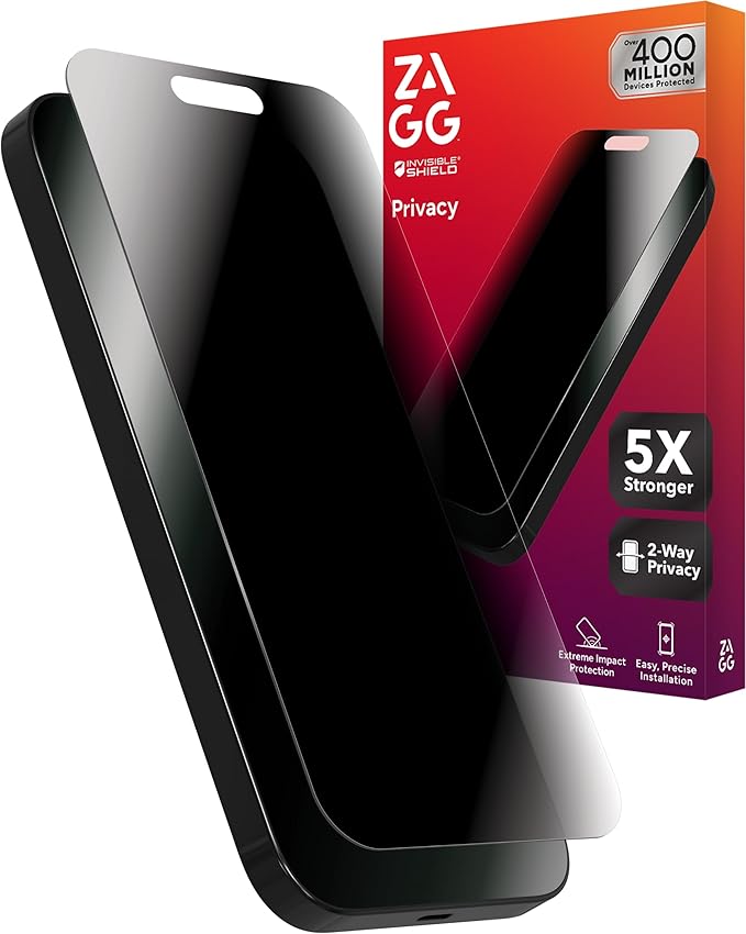 ZAGG Glass Elite Privacy Screen Protector for iPhone 16 Pro - 2-Way Privacy Filter, Ultra-Strong Tempered Glass, 5X Stronger, InvisibleShield, Smudge-Free, Easy Install, Recycled Content
