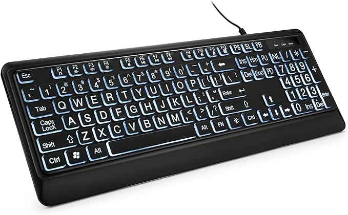 Large Print Backlit Keyboard, USB Wired Computer Keyboard, Full Size Keyboard with White Illuminated LED Compatible for Windows Desktop, Laptop, PC, Gaming, Black