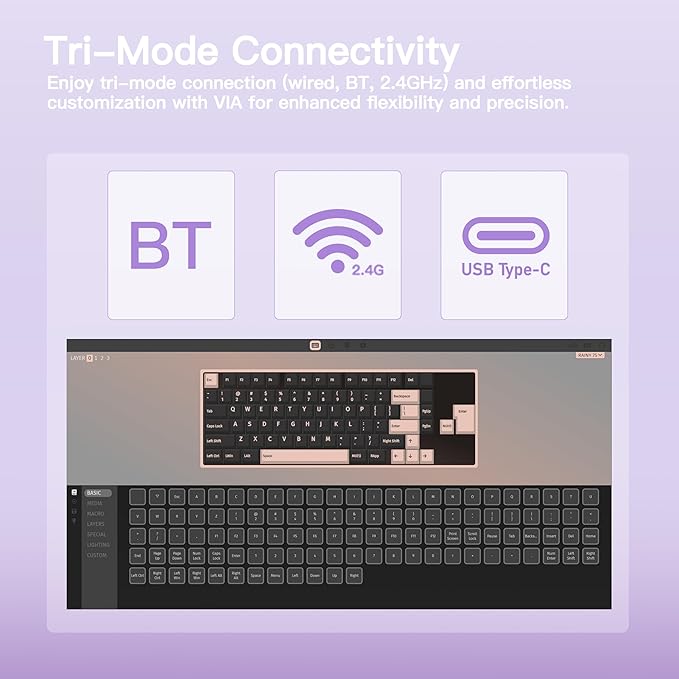 KEEBMONKEY WOBKEY Rainy 75 CNC Aluminum HMX/JWK/Cocoa Switches Triple-Mode Connectivity Mechanical Keyboard with Superior Acoustics, RGB/FR4/Silver SUS304/7000mAh/Cocoa Switch (Pro - Purple)