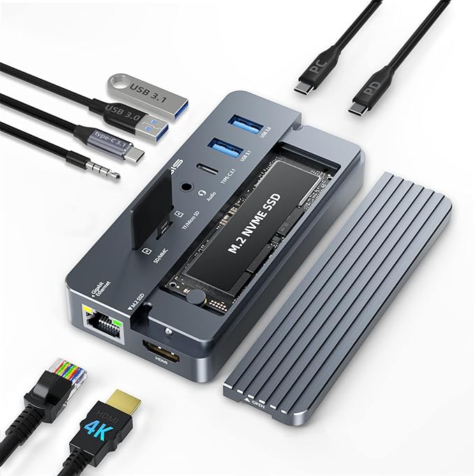 USB C Laptop Docking Station HDMI 4K60Hz with Nvme Enclosure, ACASIS 10-in-1 USB C Hub Multiport Adapter with HDMI, PD, Ethernet, SD/TF, 10G USB C/A Ports, Audio, Works for Mac/Dell/HP/Surface