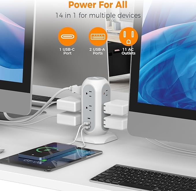 Surge Protector Power Strip Tower 10 Ft, TESSAN Flat Plug Extension Cord with 11 AC Multiple Outlets 3 USB Ports (1 USB C), 1050J Desk Charging Station for Home, Office Supplies, Dorm Room Essentials