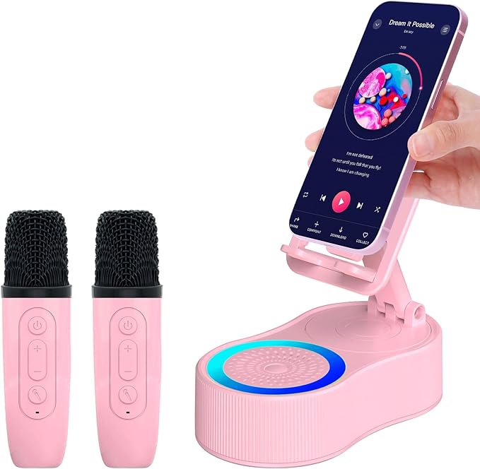 Gifts for Men Women,Cell Phone Stand with Wireless Bluetooth Speaker,Colorful Ambient Light 360° Foldable for Tablet iPhone Android 2 Wireless Microphones HD Surround Sound (Pink)