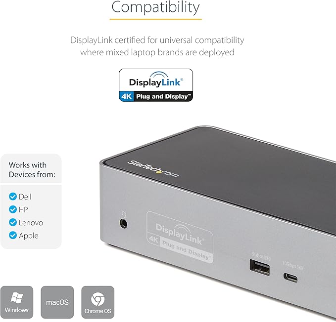 StarTech.com USB-C Quad Monitor Docking Station for MacBook Pro/Air M1 M2 M3 M4 & Windows, Universal 4K 60Hz HDMI DP Dock, Thunderbolt Compatible, 100W Laptop Charging