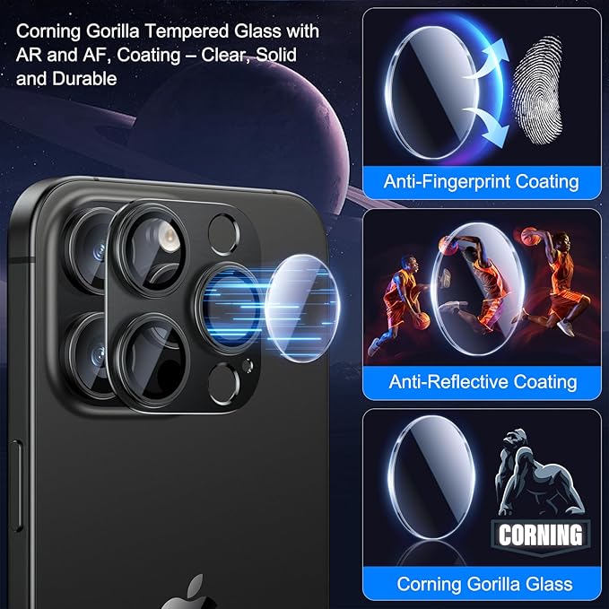 Esanik Upgrade 2 Pack for iPhone 15 Pro/iPhone 15 Pro Max Camera Lens Protector, Aluminum Alloy Metal matte Case Tempered Glass Camera Screen Cover, Scratch Resistant Case Friendly (Black)