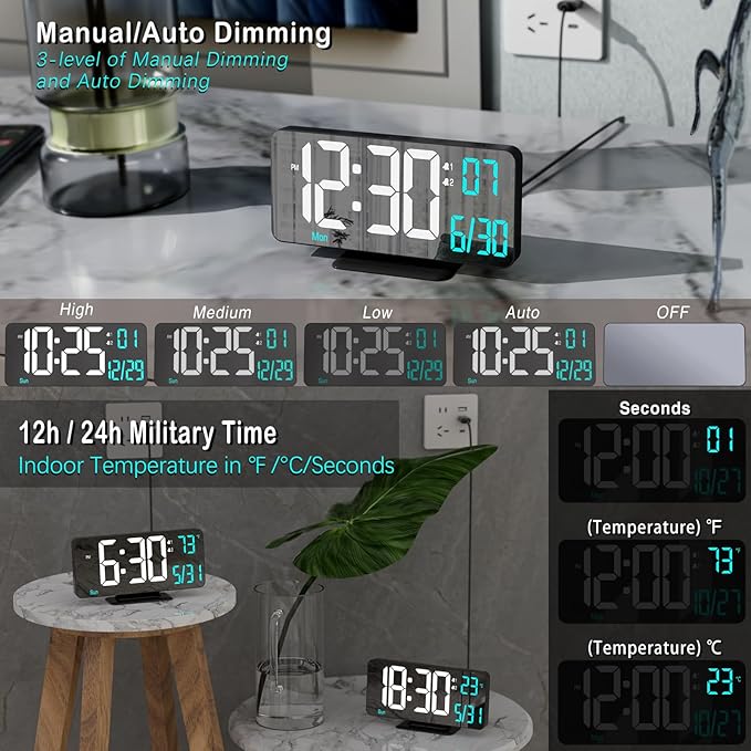 KOSUMOSU Digital Alarm Clock 6.7in Black Clock for Bedroom, Dual Alarm, Date, Seconds,Day of Week,12/24h,Dimming, Temp, Desk Clock, LED Clock for Living Room, Calendar Digital Clock