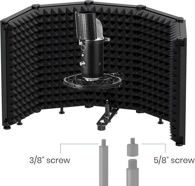Moukey Microphone Isolation Shield, Foldable Mic Shield with Triple Sound Insulation, Reflection Filter with 3/8" and 5/8" Mic Threaded Mount for Recording Studio, Podcasts, Singing, and Broadcasting