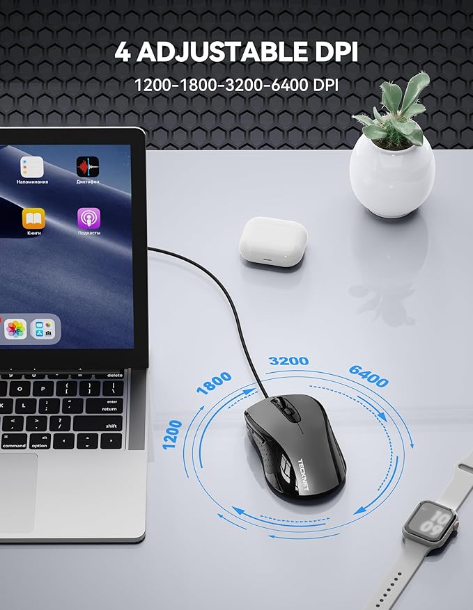TECKNET Computer Wired Mouse, USB Mice for Laptop with 6-Button, 3600DPI Optical PC Wired Mouse, Home and Office 5FT USB-A Corded Comfortable Mice, Plug & Play, NO Battery Required-Grey