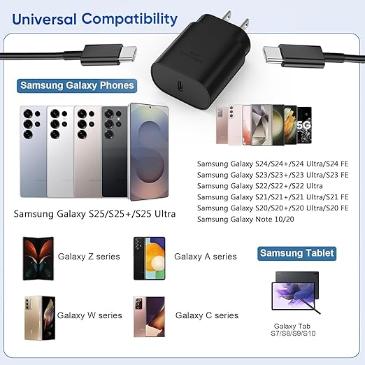 10FT Super Fast Charger Type C, 2Pack 25W USB C Wall Charge 10Foot Long Android Type C Charger Cable Fast Charging for Samsung Galaxy S25 Ultra/S25/S25+/S24+/S24 Ultra/S24/S24+/S23 Ultra/S22 Ultra/S21