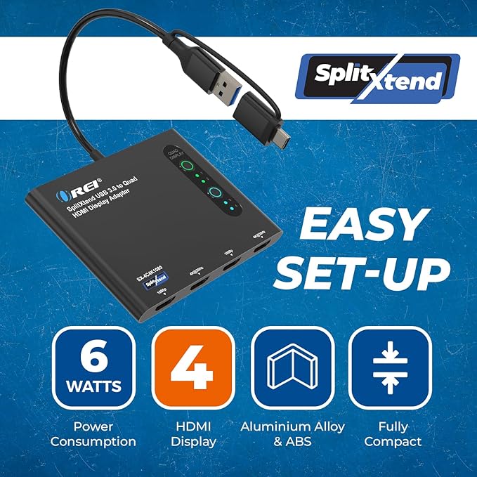 OREI SplitExtend HDMI Splitter Extended Display for Quad Monitor - Multi-Monitor Display 5 Separate Screens - USB-C Adapter to HDMI 2.0, 4K@30Hz Outputs - Windows and Mac Compatible