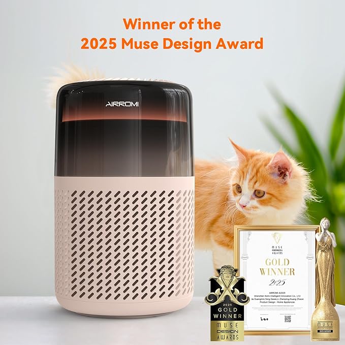 AIRROMI Air Purifier for Bedroom Home,HEPA Filter,Covers Upto 549 Ft²,Quiet 360°intake Air Cleaner with Fragrance ponge for Better Sleep,Night Light,Filters Smoke,Pet Dander,Allergies,Dust,A2005 Beige