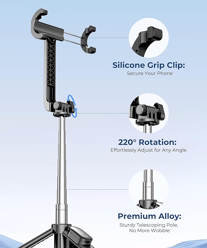 67‘’ Selfie Stick Travel Tripod, Extendable Tripod for iPhone with Wireless Remote Control and Phone Holder, iPhone Stand for Photograph, Compatible with All Cell Phones, Black