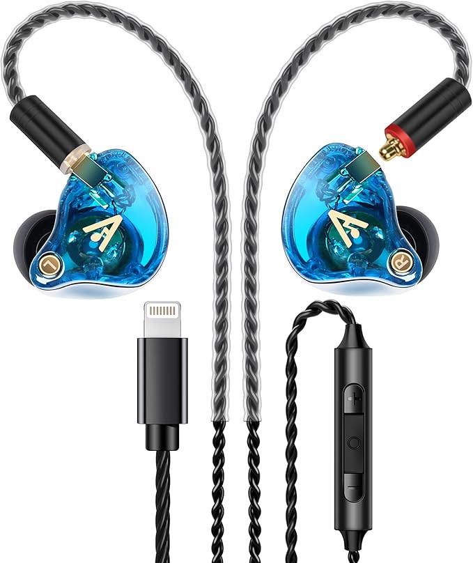 Vibes 202ML Wired Earbuds - HiFi in Ear Headphones for iPhone 5–14, Noise-Isolating Ear Buds w/ Mic - Clear Sound, Deep Bass, Comfort-Fit Earphones - MMCX–Lightning, Silver Plated Cord, Carrying Case