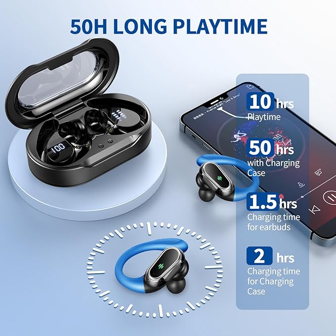 Wireless Earbuds, 2025 Bluetooth 5.4 Headphones Sport, Bluetooth Earbuds with ENC Noise Canceling Mic, 50H Stereo Wireless Headphones IP7 Waterproof with Earhooks, Dual LED Display for Workout/Running