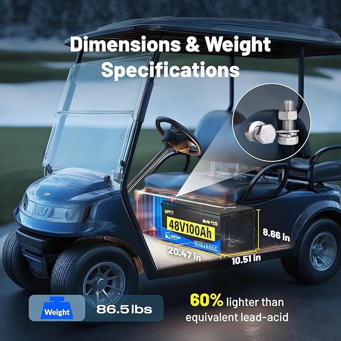 48V 100Ah Lithium LiFePO4 Battery for Golf Cart with 48Volt 15A Charger, Lithium Deep Cycle Batterys with Bluetooth and Monitor, BMS 200A, 5.12kWh Output, 600A Peak Current