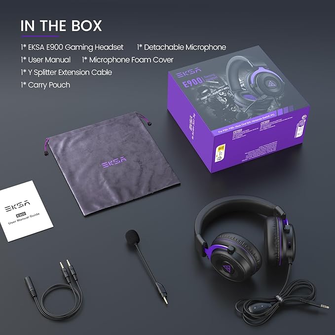 EKSA E900 Headset with Microphone for PC, PS4,PS5, Xbox - Detachable Noise Canceling Mic, 3D Surround Sound, Wired Headphone for Gaming, Computer, Laptop, 3.5MM Jack