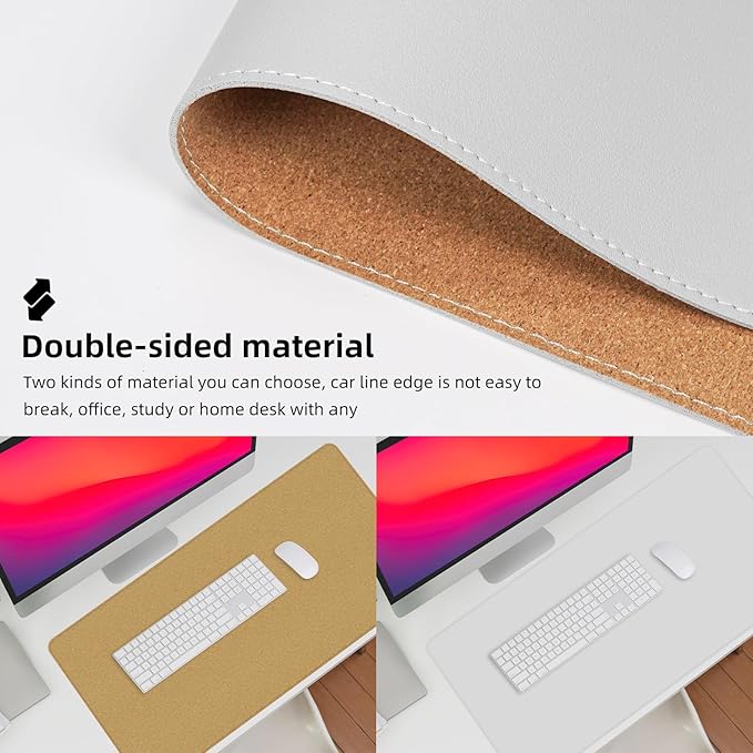 Leather Desk Protector, 47in*23.7in Large Mat with Natural Cork & PU Leather, Mouse Pad, Non-Slip Office Mat, Waterproof Writing Pad for Office and Home (Ivory White)