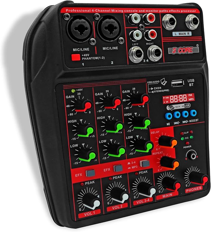5 Core Audio Mixer 4 Channel DJ Mixing Board Small Bluetooth USB Analog Mezclador De Audio w Phantom Power Console for Live Recording Podcast Karaoke PARENT MX 4CH (Black)