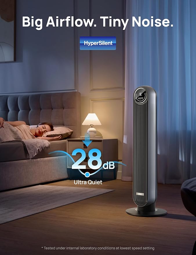 Dreo Tower Fan for Bedroom, 25ft/s Velocity Quiet Floor Fan, 90° Oscillating Fans for Indoors with 4 Speeds, 4 Modes, 8H Timer, Bladeless Fan, Standing Fans, Silver, Nomad One (DR-HTF007)