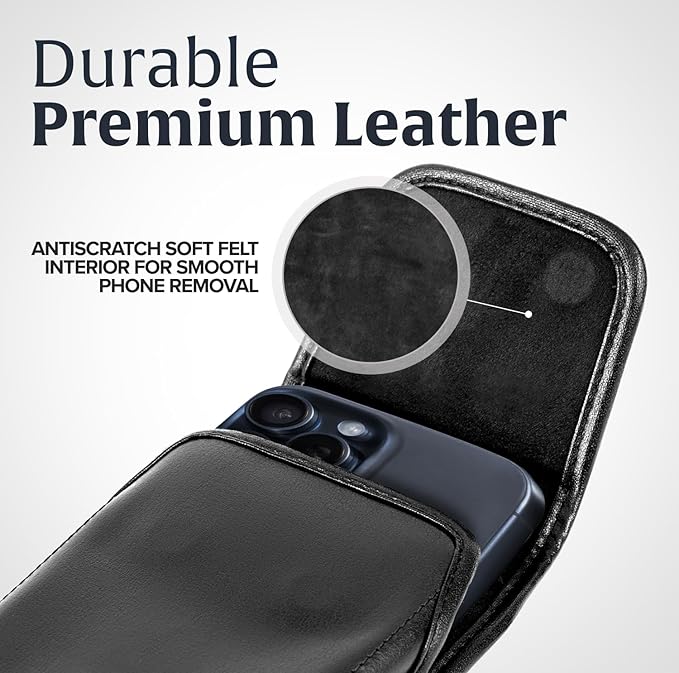 Turtleback Belt Clip for iPhone 16 Pro Max, 15 Pro Max, 14 Pro Max -Small- Fits w/Slim MagSafe Style Cases, Premium Black Leather, Vertical Belt Holder, Magnetic Closure HD Rotating Belt Clip