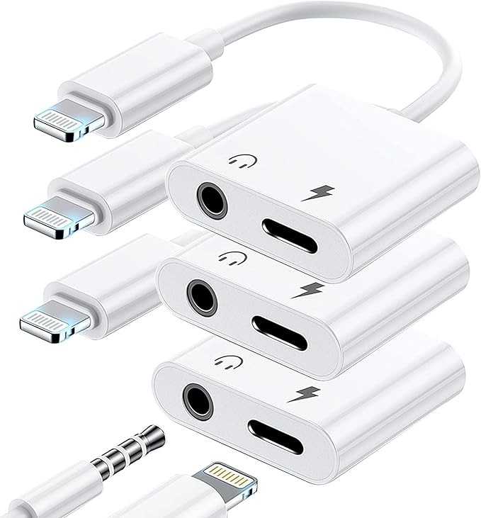 [Apple MFi Certified] 3 Pack Lightning to 3.5mm Headphone Jack Adapter, 2 in 1 Dongle Adapter Aux Audio + Charging Ports Splitter Compatible with iPhone 14/13/12/11/XS/XR/8/7 Support All iOS System