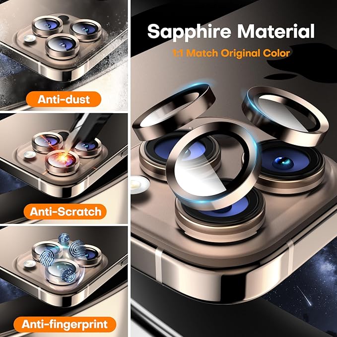 Camera Lens Protector for iPhone 16 Pro Max/16 Pro/15 Pro Max/15 Pro/14 Pro Max/14 Pro, Sapphire Glass Metal Individual Camera Cover Screen, Anti-drop, Case Friendly- Desert Titanium