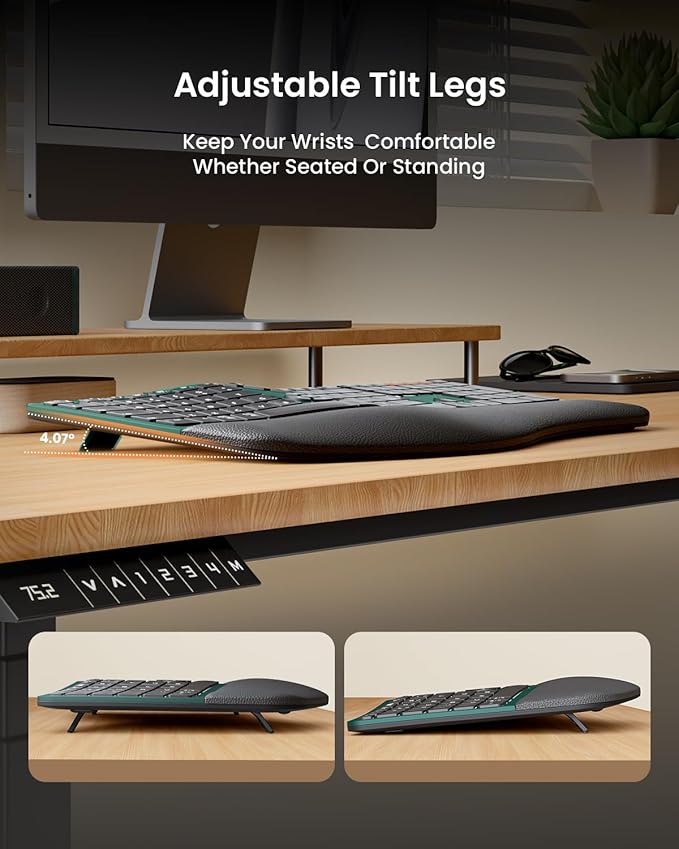 ProtoArc Ergonomic Wireless Keyboard Mouse, EKM01 Plus Full Size Ergo Bluetooth Keyboard Mouse Combo, Split Design, Wrist Rest, Multi-Device, Rechargeable, for Windows/Mac OS - Green