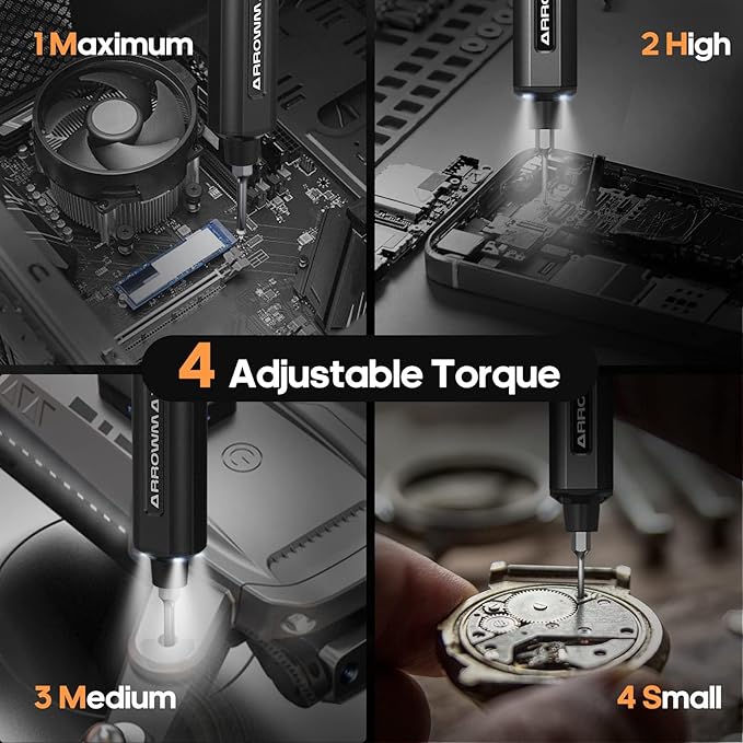 AM ARROWMAX Electric Screwdriver, Precision Screwdriver w/ 34 Magnetic Bits, 4 Torque Settings, Red Dot, IF Winning Design, Rechargeable Mini Repair Tool Kit for Phone, Laptop, Camera (SES) Black