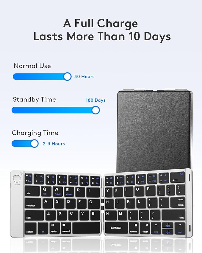 Samsers Foldable Bluetooth Keyboard - Portable Wireless Keyboard with Stand Holder, Rechargeable Full Size Ultra Slim Folding Keyboards Compatible IOS Android Windows Smartphone Tablet & Laptop-Silver