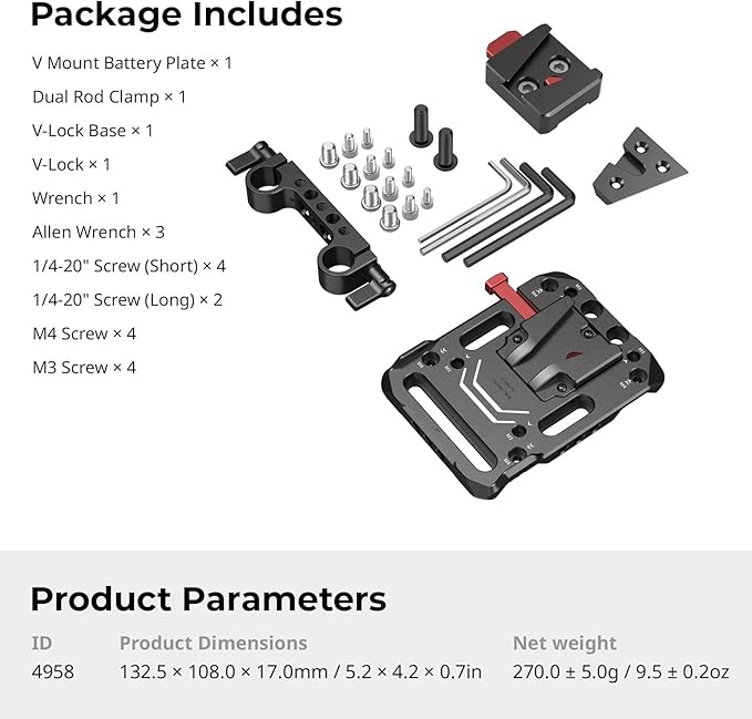 SmallRig Battery Plate with V-Lock Mount with Dual 15mm Rod Clamp Kit for Camera Power Supply - 4958