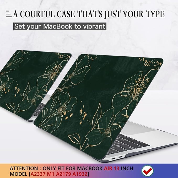 CISSOOK Case for MacBook Air 13 inch 2021 M1 A2337 A2179 A1932, Hard Shell Case+ Keyboard Cover+ Screen Protector for New MacBook Air 13 with Retina Display and Touch ID 2022-2018, Elegant Gold Lotus