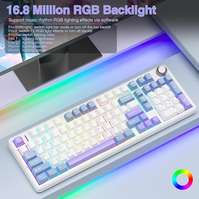 AULA F99 Pro Wireless Mechanical Keyboard with Knob,Tri-Mode BT5.0/USB-C/2.4GHz Hot Swappable Keyboard,Pre-lubed Switches,RGB Backlit Computer Gaming Keyboards (White&Blue&Purple)