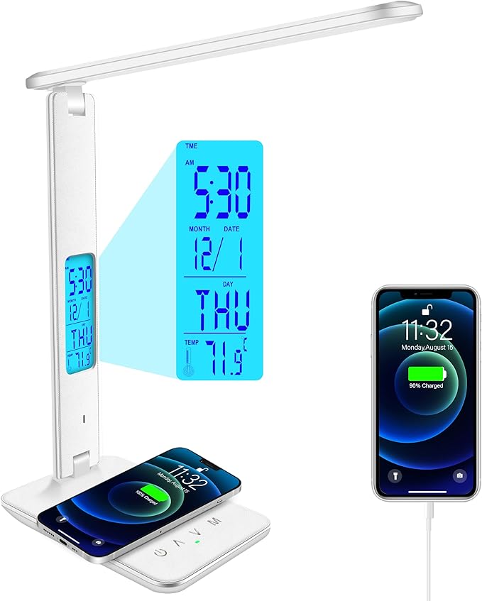 Desk Lamp with Wireless Charger，USB Charging Port, Dimmable Office Desk Light with Clock, Alarm, Date, Temperature, Foldable Lamp for Table Bedroom Bedside Office (White, Standard Size-13.3 inch)