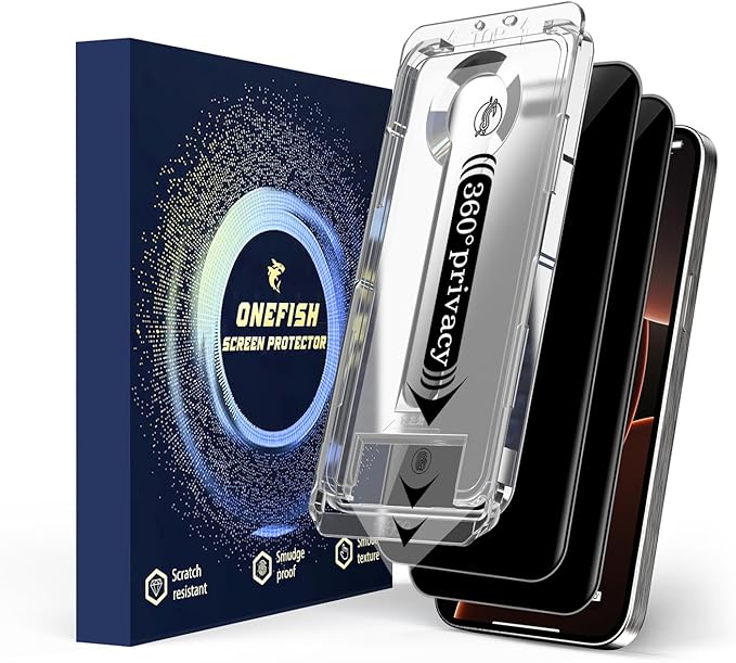 OneFish 2 Pack Privacy Screen Protector for iPhone 14 Pro Max - 4-Way 360° Anti-Spy Tempered Glass, 9H Hardness, 3D Curved Edges, Case-Friendly & Easy Installation
