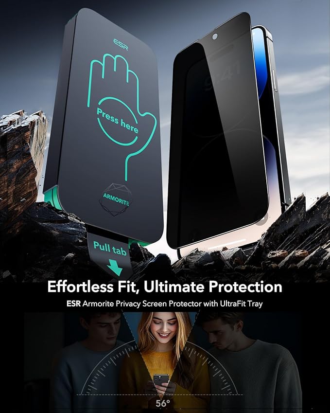 ESR 3 Pack 9H+ Glass for iPhone 14 Pro Privacy Screen Protector, [Military Grade Shatterproof & Longest Durable] Armorite Anti-spy Tempered Glass with UltraFit Tray