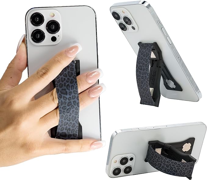 LOVEHANDLE PRO Premium Phone Grip - Silicone Phone Strap - Magnetic Phone Mount and Kickstand for Smartphone and Tablet - Black Leopard